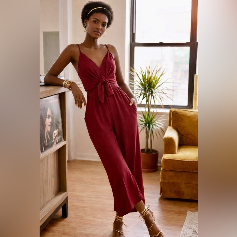 Moulinette Soeurs Burgundy Knot-Front Sleeveless Jumpsuit